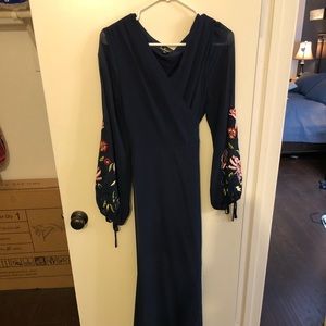 Lulus navy wrap dress w/ sheer embroidered sleeves